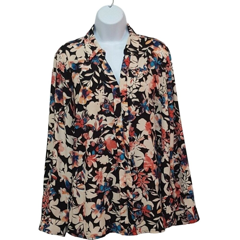 Croft & Barrow Blouse Shirt L Button Up Long Sleeve Floral Print Collared Polyes